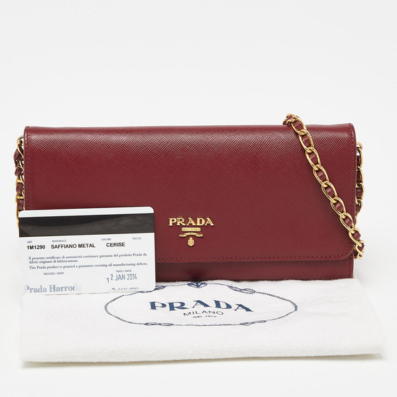 PRADA Dark Red Saffiano Metal Leather Wallet On Chain - Picture 8 of 8